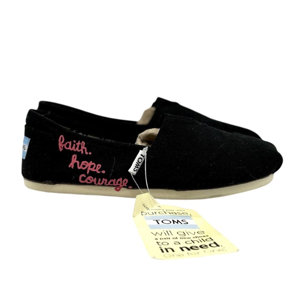TOMS Women Black Faith Hope Courage Alpargata Canvas Slip On Shoes W5 NEW